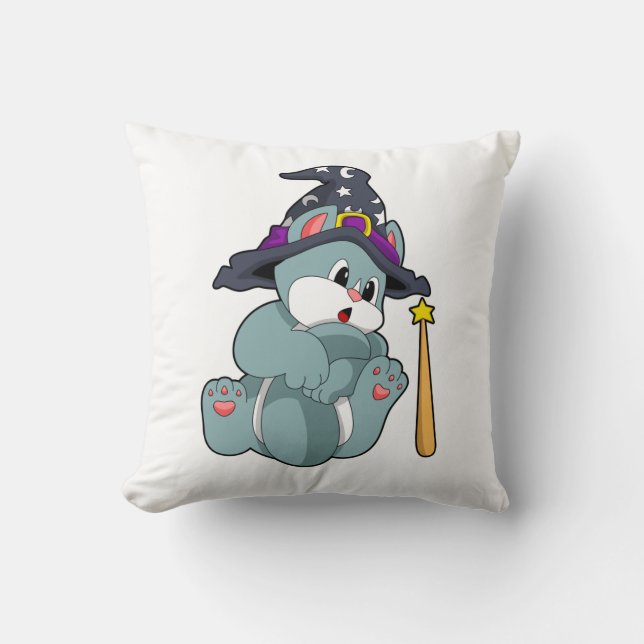 Cat as Wizard with Magic wand & Hat Cushion (Front)
