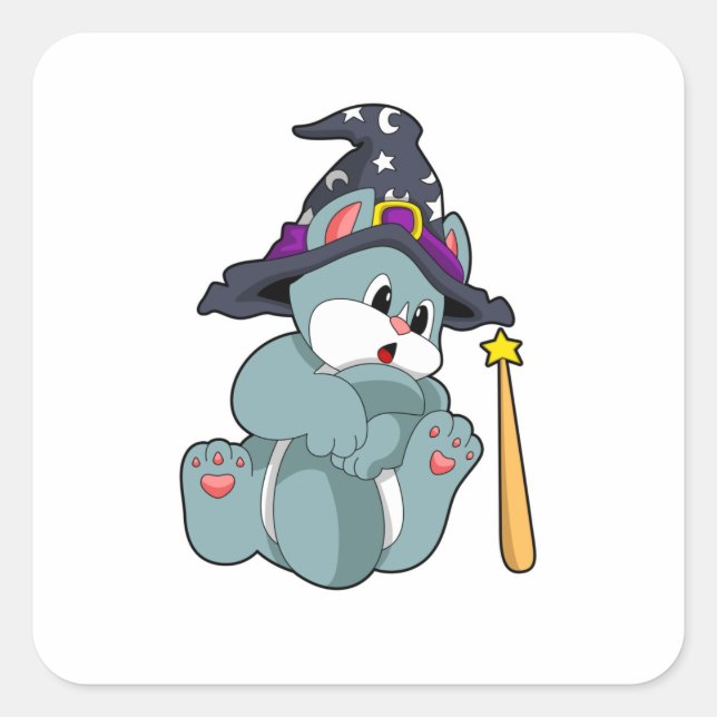Cat as Wizard with Magic wand & Hat Square Sticker (Front)