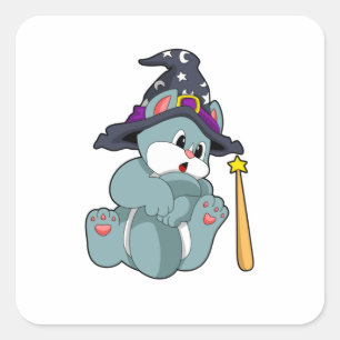 Cat as Wizard with Magic wand & Hat Square Sticker