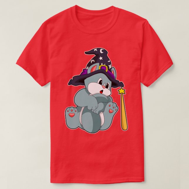 Cat As Wizard With Magic Wand  Hat  T-Shirt (Design Front)