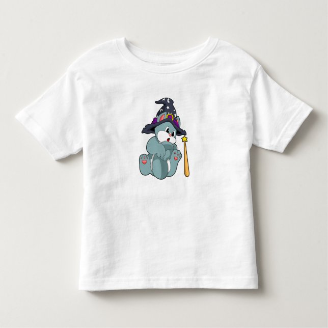 Cat as Wizard with Magic wand & Hat Toddler T-Shirt (Front)