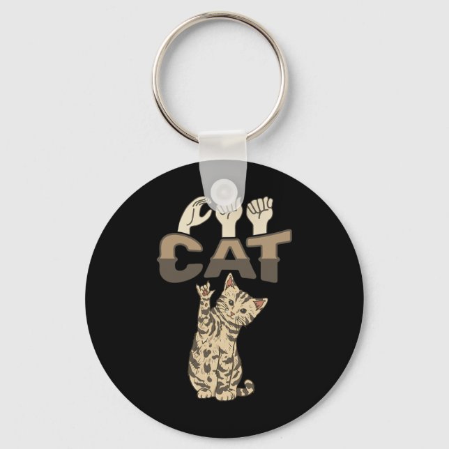 Cat Asl Hand Gesture Deaf Hearing Loss Awareness  Key Ring (Front)