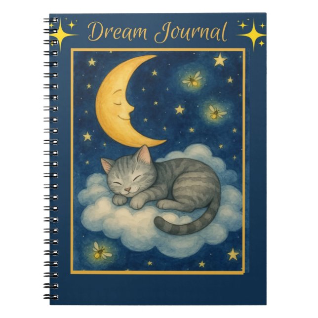 Cat Asleep On A Cloud Crescent Moon Stars Notebook (Front)