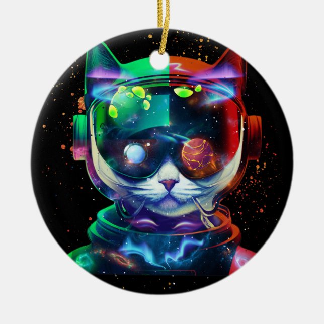 Cat Astronaut in Space Suit and Helmet in the Cosm Ceramic Ornament (Front)
