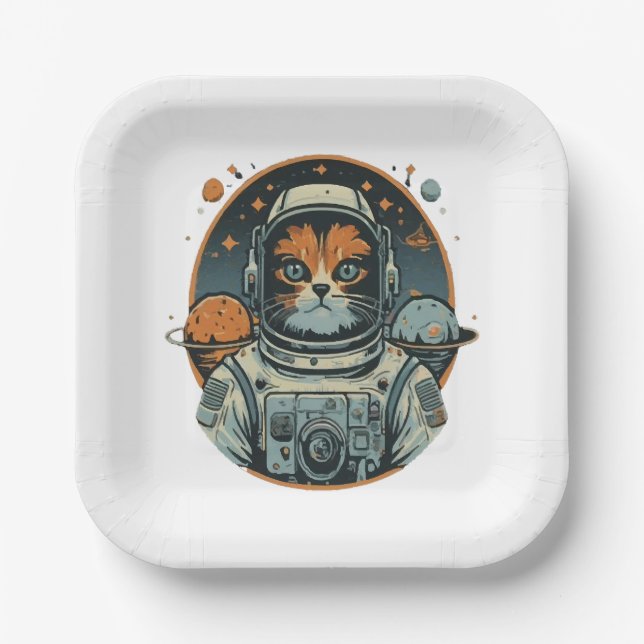 Cat-astronaut on Asteroids Paper Plate (Front)