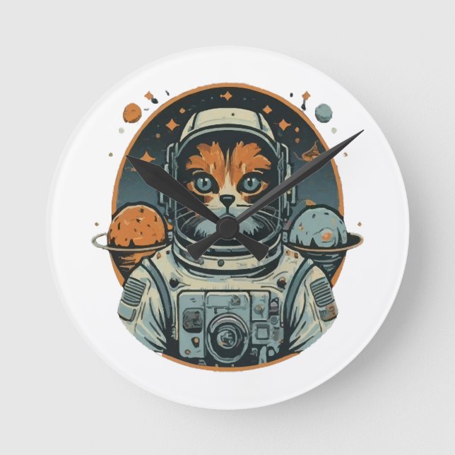 Cat-astronaut on Asteroids Round Clock (Front)