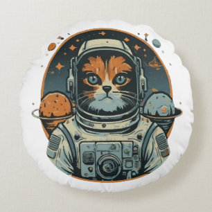 Cat-astronaut on Asteroids Round Cushion