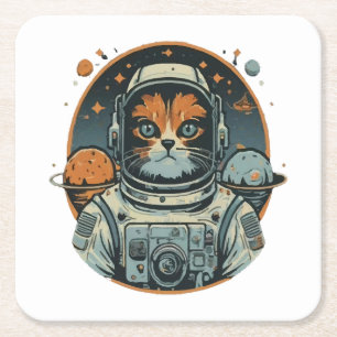 Cat-astronaut on Asteroids Square Paper Coaster
