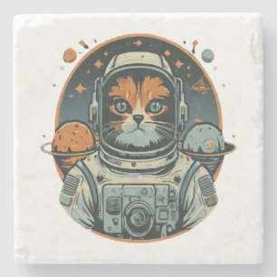Cat-astronaut on Asteroids Stone Coaster