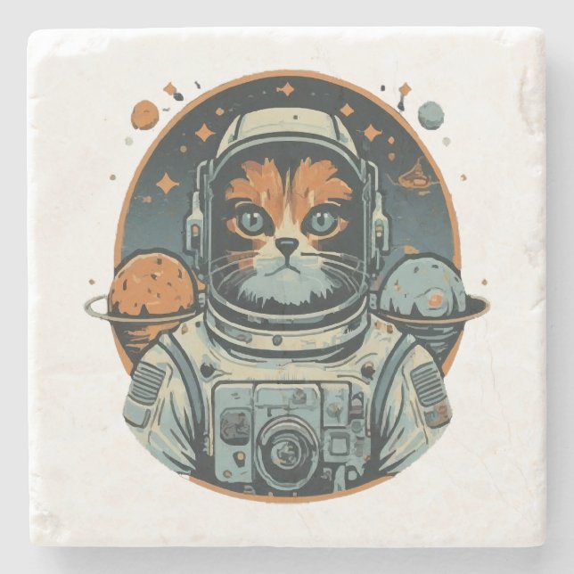 Cat-astronaut on Asteroids Stone Coaster (Front)