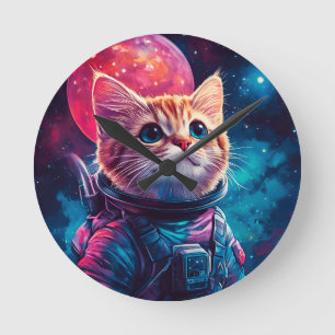 Cat astronaut pink space round clock