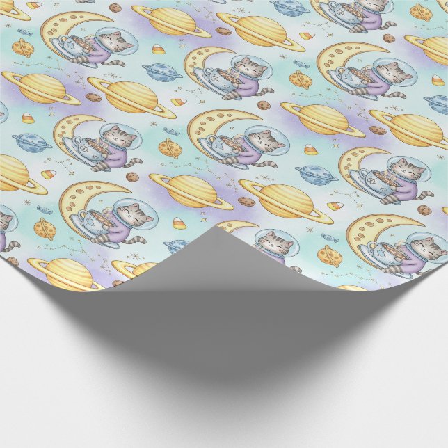 Cat Astronomer celebrating from space Wrapping Paper (Corner)
