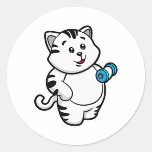 Cat at Biceps training with Dumbbell Classic Round Sticker