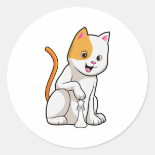 Cat at Chess with Chess piece Pawn Classic Round Sticker