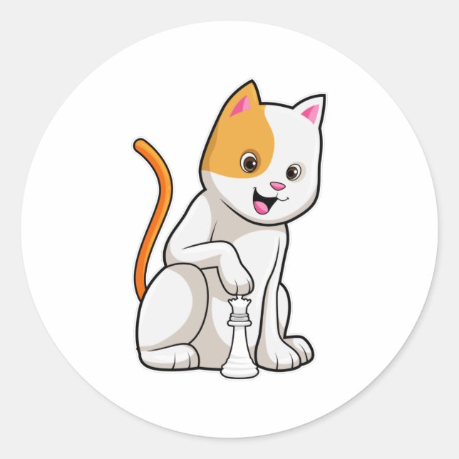 Cat at Chess with Chess piece Pawn Classic Round Sticker (Front)