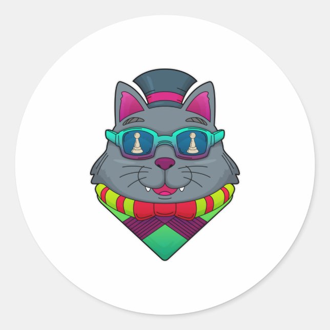 Cat at Chess with Chess piece Pawn Classic Round Sticker (Front)