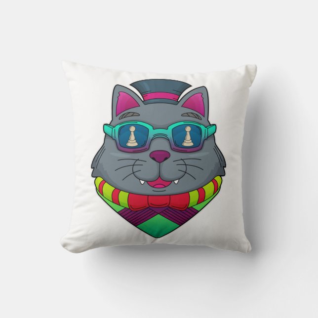Cat at Chess with Chess piece Pawn Cushion (Front)