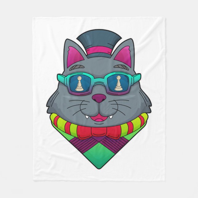 Cat at Chess with Chess piece Pawn Fleece Blanket (Front)