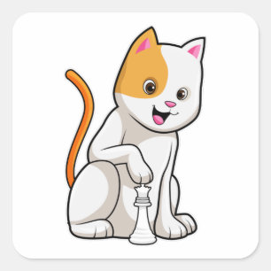 Cat at Chess with Chess piece Pawn Square Sticker
