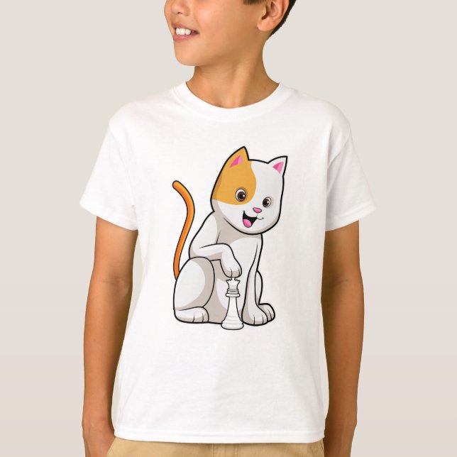 Cat at Chess with Chess piece Pawn T-Shirt (Front)