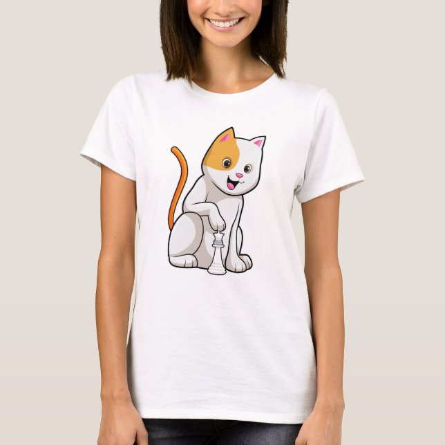 Cat at Chess with Chess piece Pawn T-Shirt (Front)