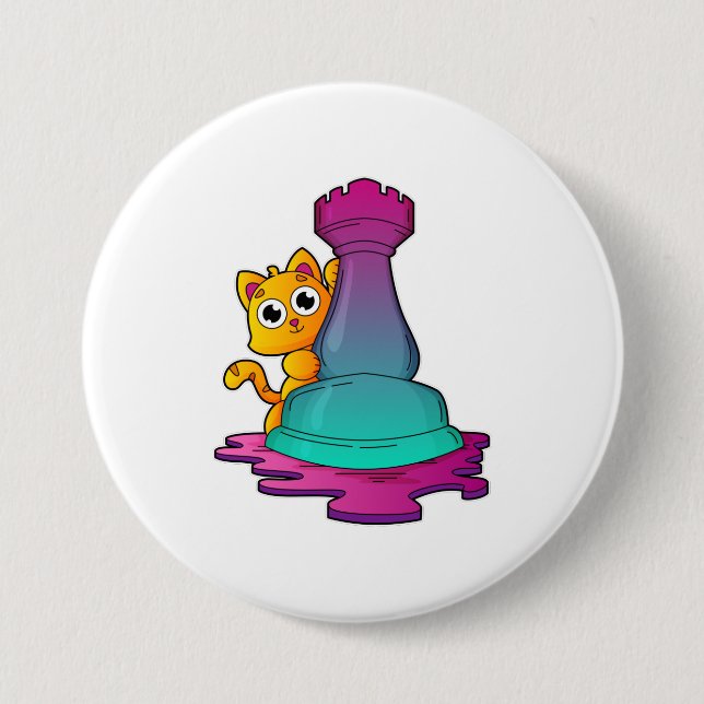 Cat at Chess with Chess piece Rook 7.5 Cm Round Badge (Front)
