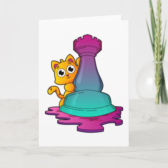 Cat at Chess with Chess piece Rook Card (Front)