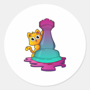 Cat at Chess with Chess piece Rook Classic Round Sticker