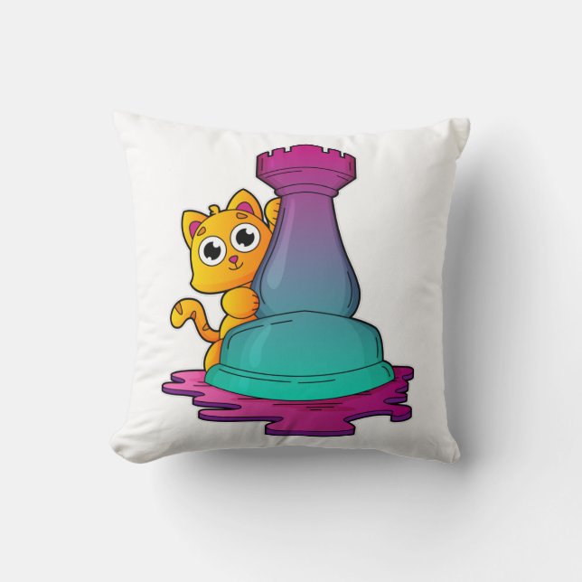 Cat at Chess with Chess piece Rook Cushion (Front)