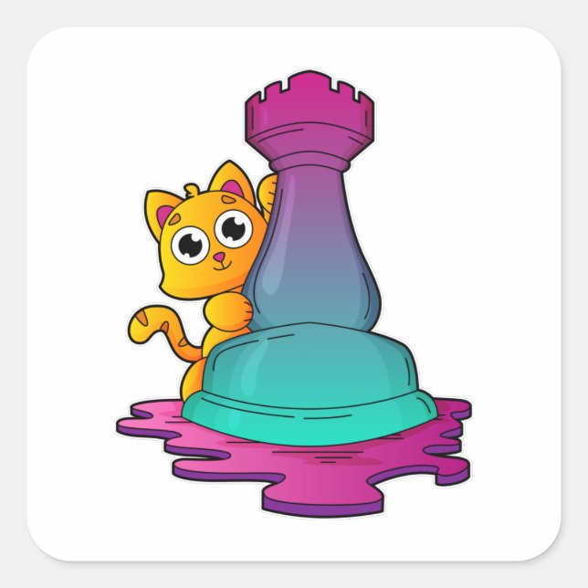 Cat at Chess with Chess piece Rook Square Sticker (Front)