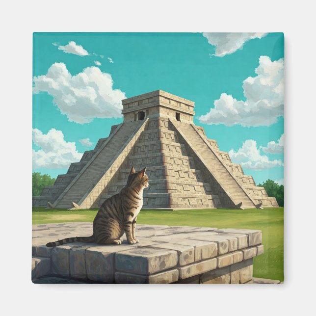 Cat at Chichen Itza Mexico Travel Magnet (Front)