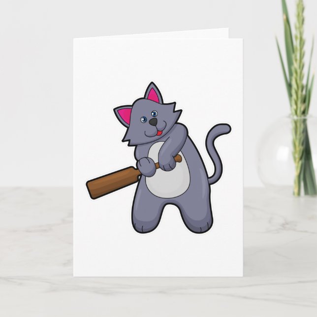 Cat at Cricket with Cricket bat Card (Front)