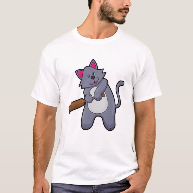 Cat at Cricket with Cricket bat T-Shirt (Front)