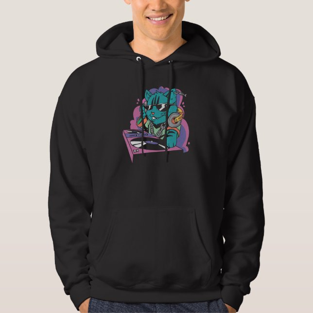 Cat at DJ desk Hoodie (Front)