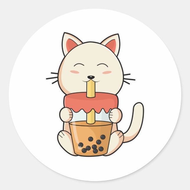 Cat at Drinking with Drinking straw Classic Round Sticker (Front)