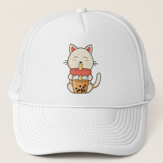 Cat at Drinking with Drinking straw Trucker Hat (Front)
