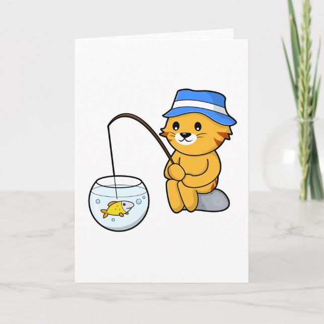 Cat at Fishing with Fish in Glass Card (Front)