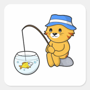 Cat at Fishing with Fish in Glass Square Sticker