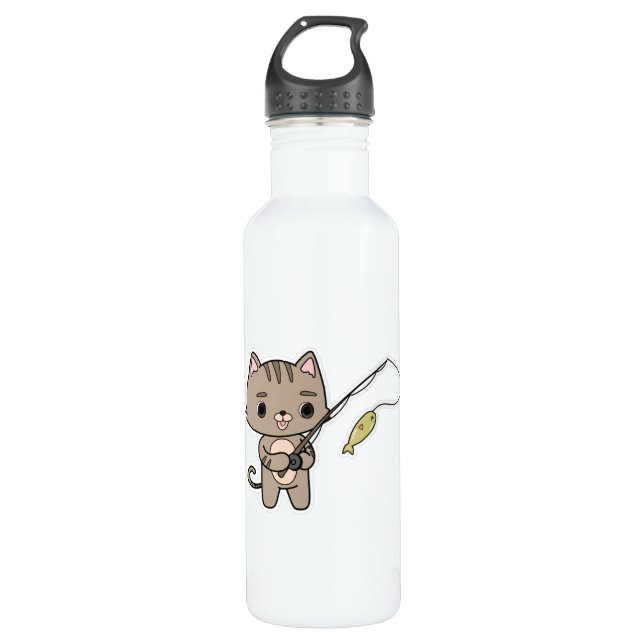 Cat at Fishing with Fishing rod 710 Ml Water Bottle (Front)