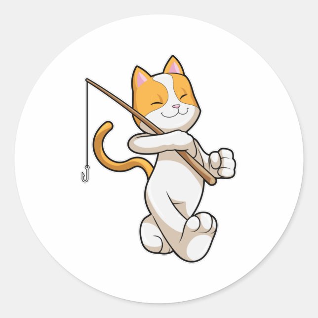 Cat at Fishing with Fishing rod Classic Round Sticker (Front)