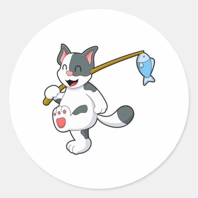 Cat at Fishing with Fishing rod Classic Round Sticker (Front)