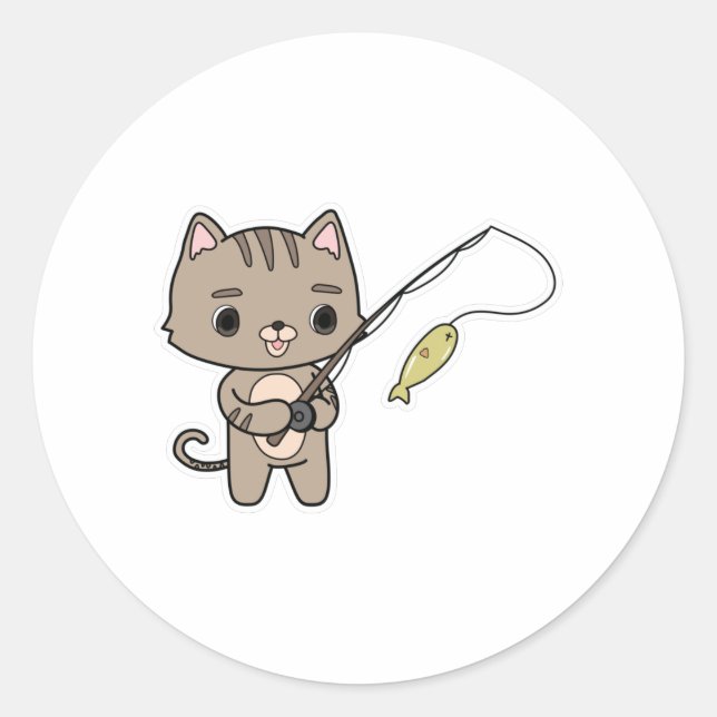 Cat at Fishing with Fishing rod Classic Round Sticker (Front)