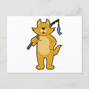 Cat at Fishing with Fishing rod & Fish Postcard