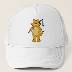 Cat at Fishing with Fishing rod & Fish Trucker Hat
