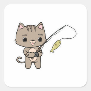 Cat at Fishing with Fishing rod Square Sticker