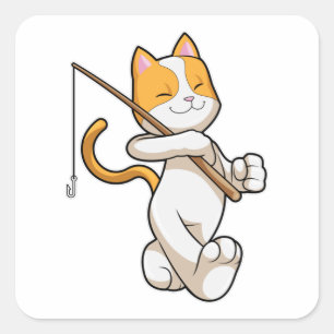 Cat at Fishing with Fishing rod Square Sticker