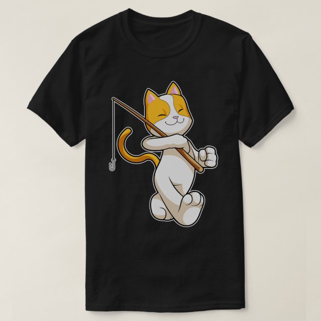 Cat at Fishing with Fishing rod T-Shirt (Design Front)