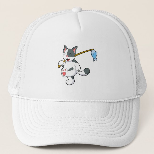 Cat at Fishing with Fishing rod Trucker Hat (Front)