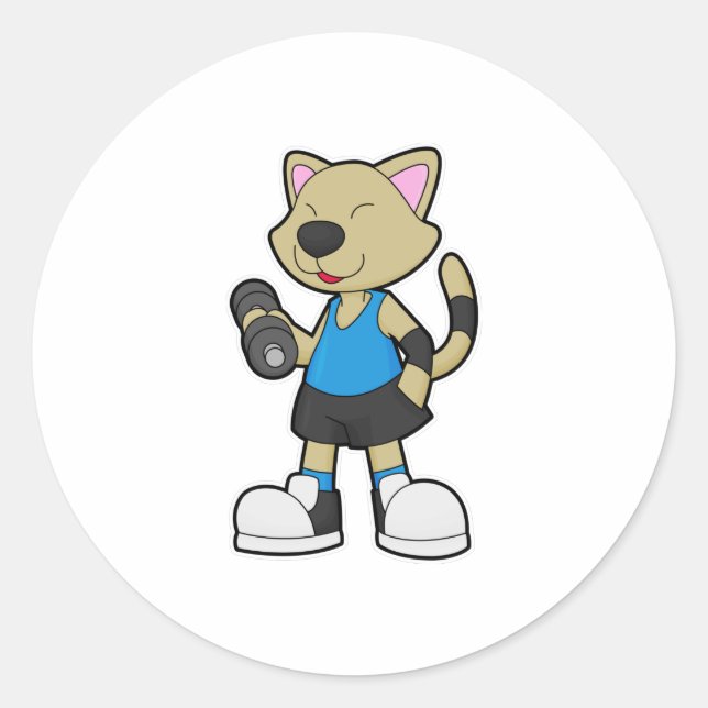 Cat at Fitness with Dumbbell Classic Round Sticker (Front)
