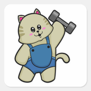 Cat at Fitness with Dumbbell Square Sticker